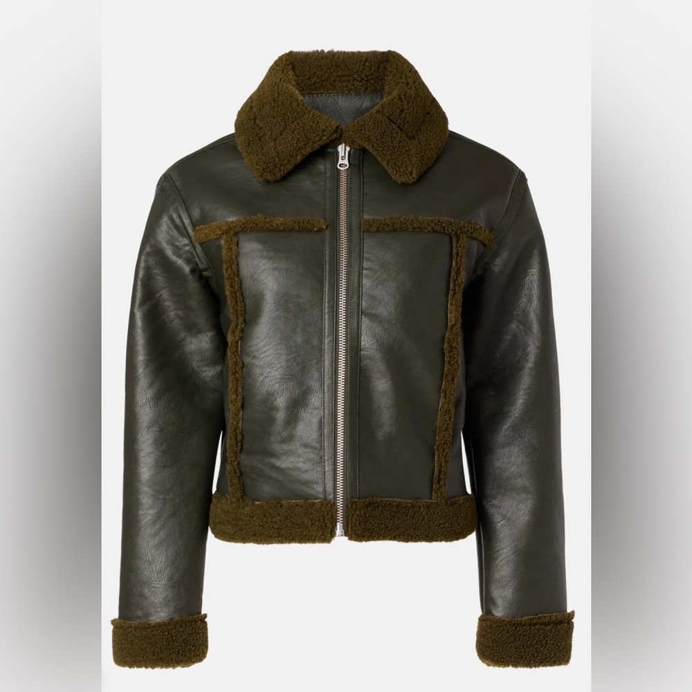 Peter Som Dark Green Faux Leather With Sherpa Trim Jacket